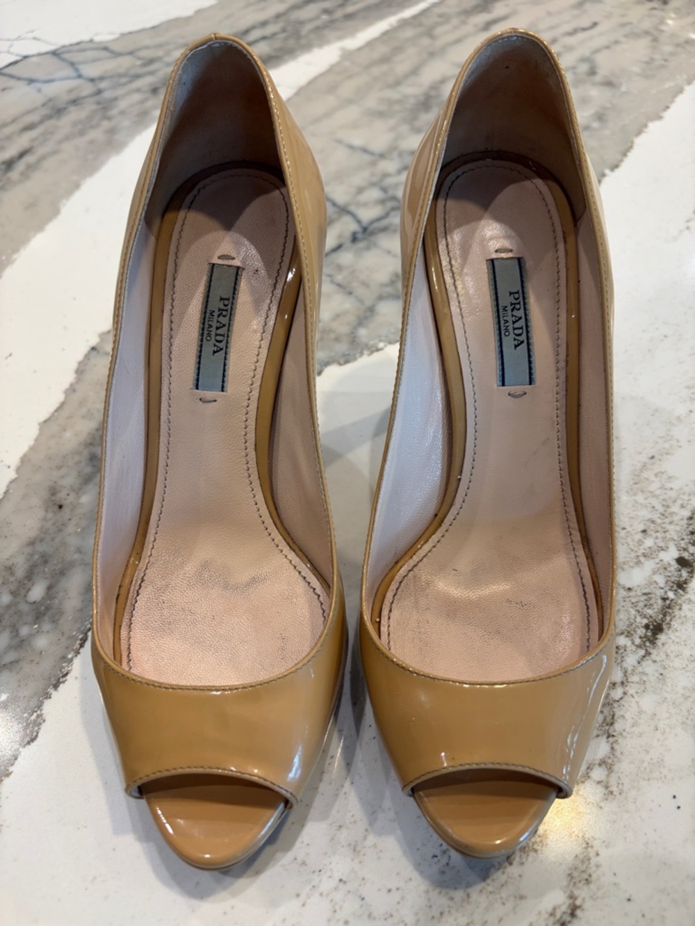 Prada Tan Patent Leather Peep-Toe Platform Pumps 37